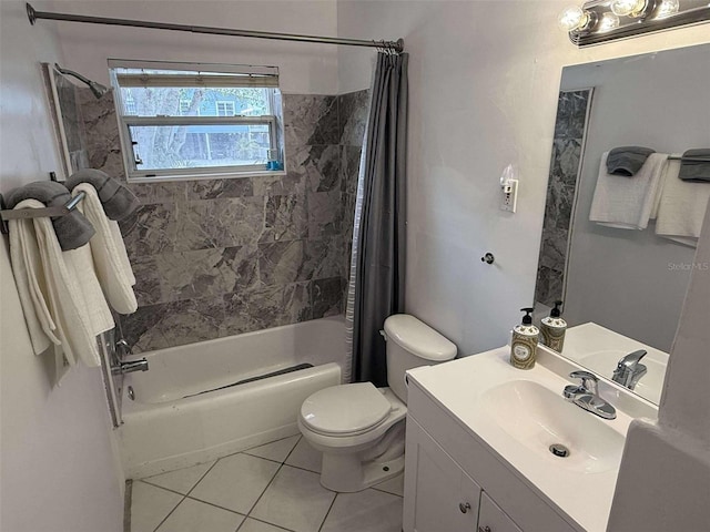 full bathroom featuring shower / bathtub combination with curtain, vanity, tile patterned flooring, and toilet