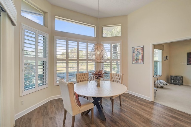 dining area with dark hardwood / wood-style floors and a high ceiling