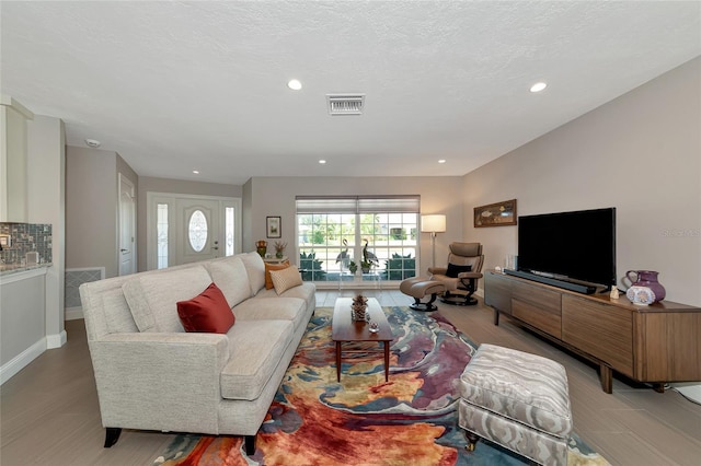 living room with a textured ceiling and light hardwood / wood-style flooring