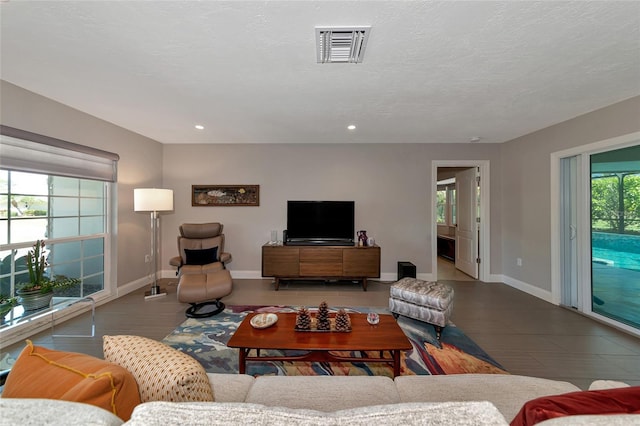 living room featuring a textured ceiling and hardwood / wood-style flooring