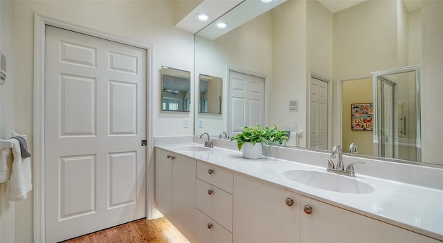 bathroom featuring hardwood / wood-style flooring, vanity, and walk in shower