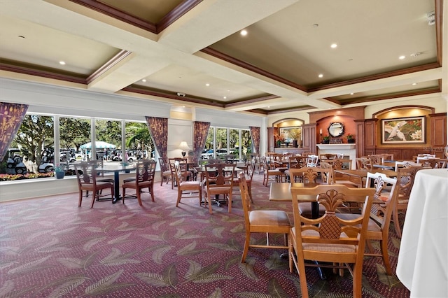 dining space with beamed ceiling, ornamental molding, coffered ceiling, and carpet flooring