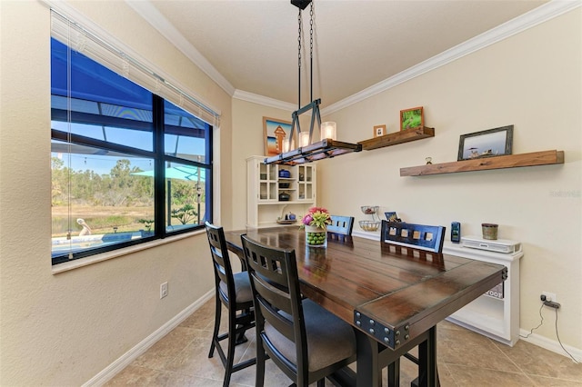 tiled dining room with ornamental molding