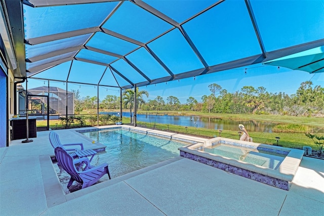 view of swimming pool with a water view, a patio, a lanai, and an in ground hot tub