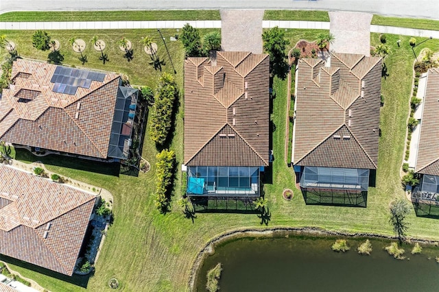 drone / aerial view featuring a water view