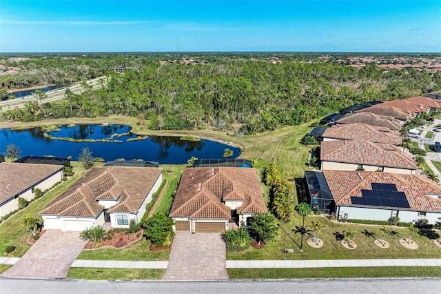 drone / aerial view featuring a water view