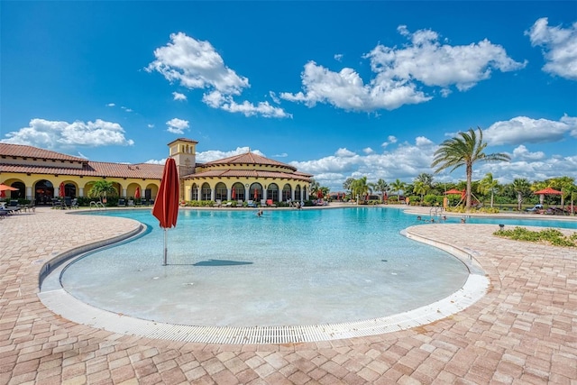 view of swimming pool with a patio