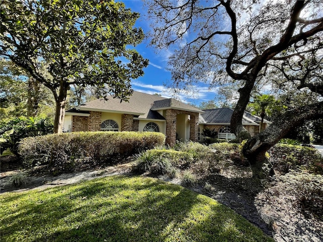 ranch-style home with a front lawn