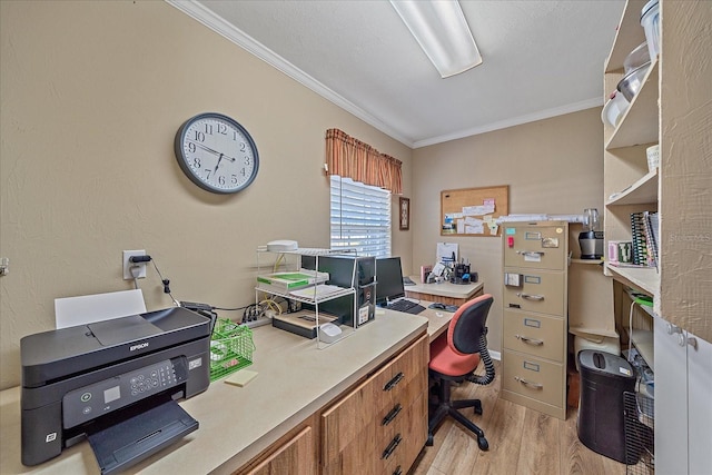 office space with crown molding and light wood-type flooring