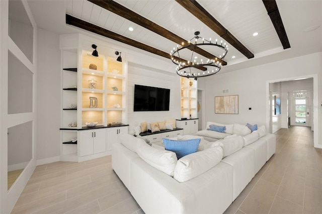 living room with built in features, wooden ceiling, and beamed ceiling