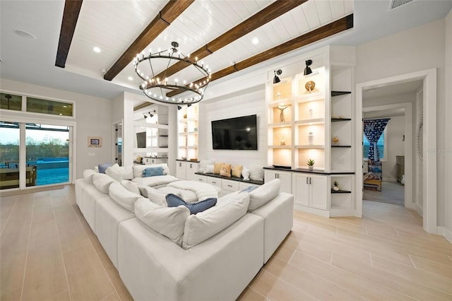 living room with beamed ceiling, wood ceiling, built in shelves, and an inviting chandelier