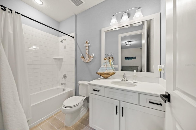 full bathroom with shower / bathtub combination with curtain, vanity, tile patterned flooring, and toilet