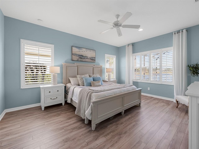 bedroom featuring ceiling fan and light hardwood / wood-style floors