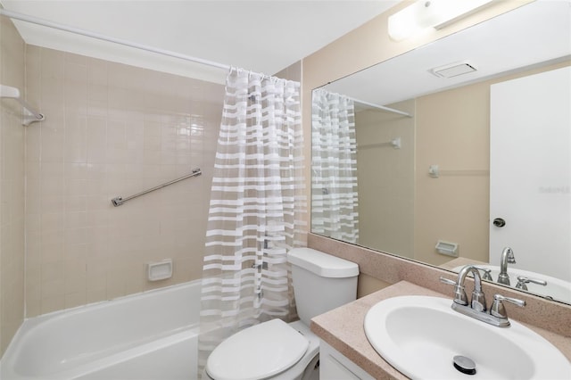 full bathroom with vanity, toilet, and shower / bath combo with shower curtain