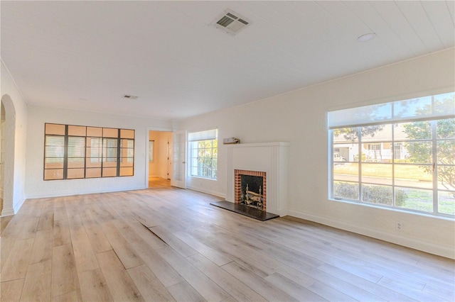 unfurnished living room with a wealth of natural light, a fireplace, and light hardwood / wood-style floors