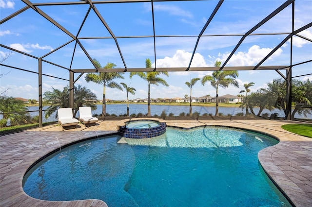 view of swimming pool with an in ground hot tub, a water view, a patio, and glass enclosure