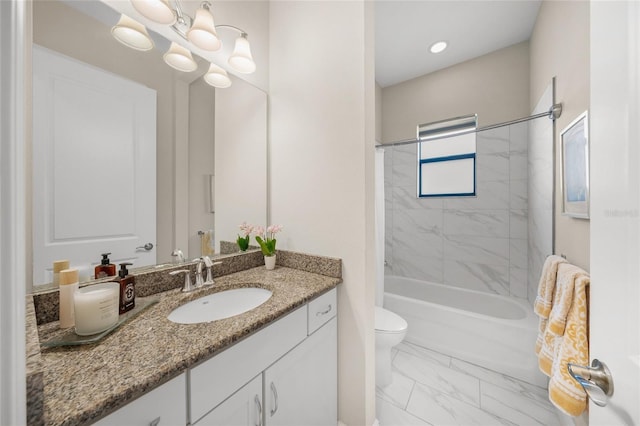 full bathroom with vanity, toilet, a notable chandelier, and tiled shower / bath