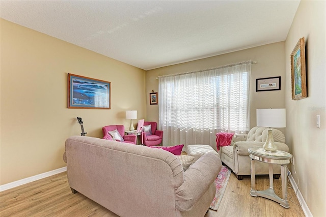 living area with baseboards, a textured ceiling, and light wood-style flooring