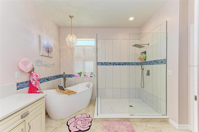 full bathroom with tile patterned flooring, a shower stall, and a freestanding bath