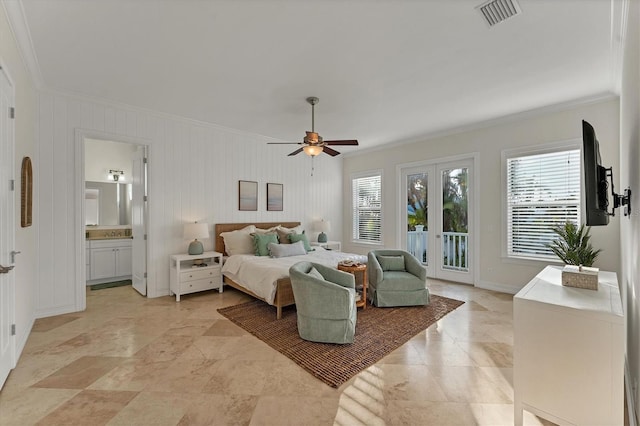 bedroom with ensuite bathroom, ornamental molding, access to outside, and ceiling fan