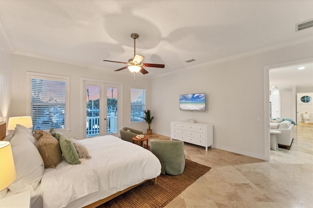 bedroom with crown molding, access to outside, and ceiling fan