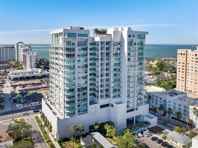 view of building exterior with a water view