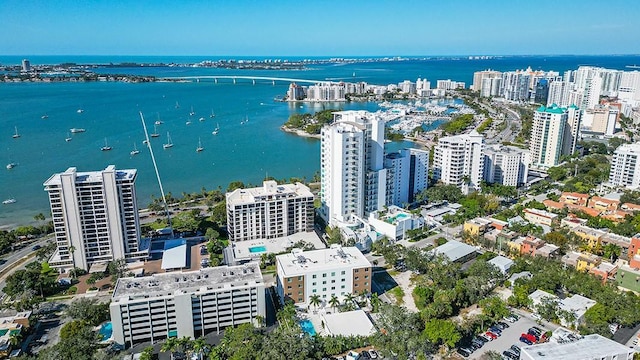 drone / aerial view featuring a water view