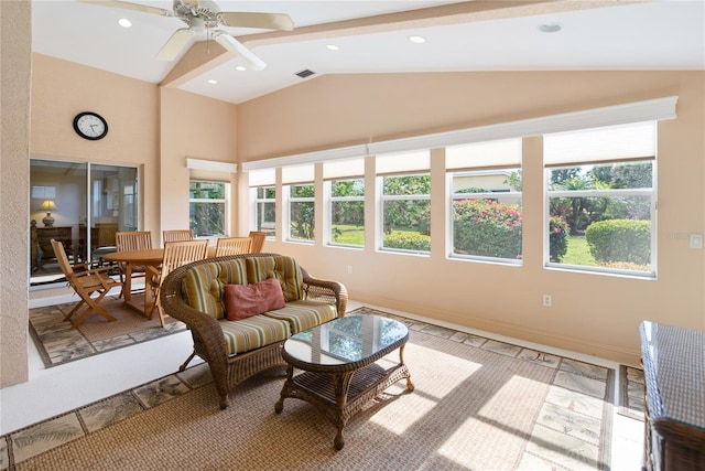 living room featuring lofted ceiling and ceiling fan