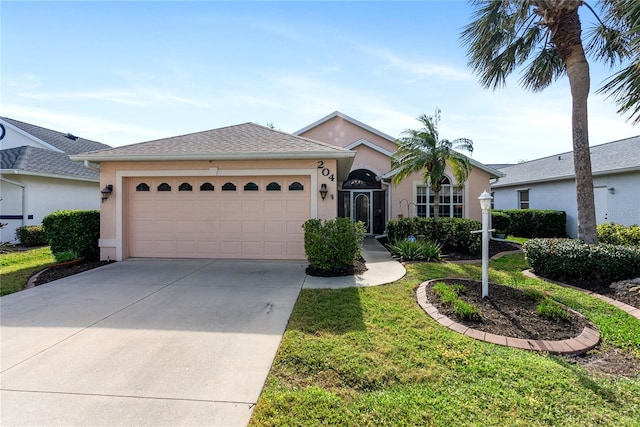 ranch-style home with a garage and a front yard