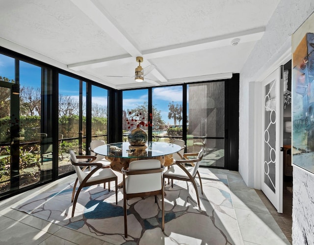 sunroom / solarium with beamed ceiling, coffered ceiling, and ceiling fan