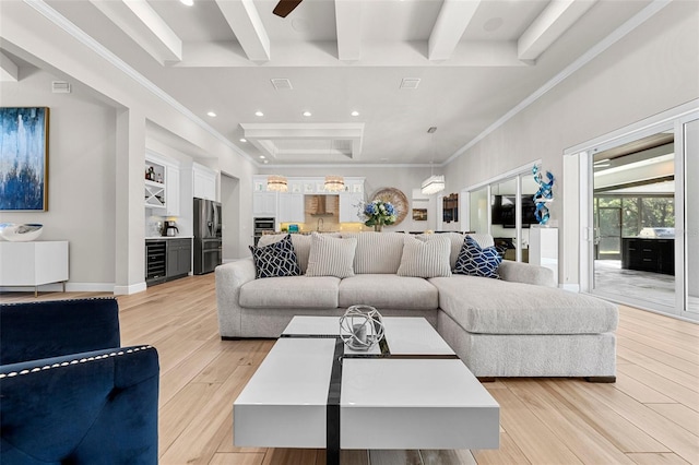 living room featuring beamed ceiling, wine cooler, ornamental molding, ceiling fan, and light hardwood / wood-style flooring