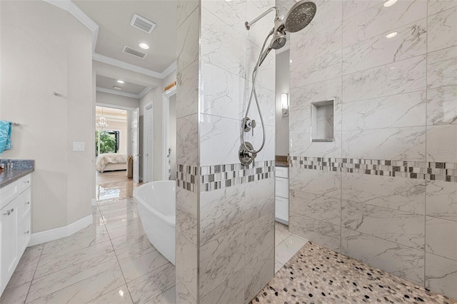 bathroom featuring ornamental molding, vanity, and plus walk in shower