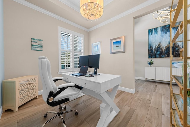 office area featuring crown molding, radiator, hardwood / wood-style floors, and a notable chandelier