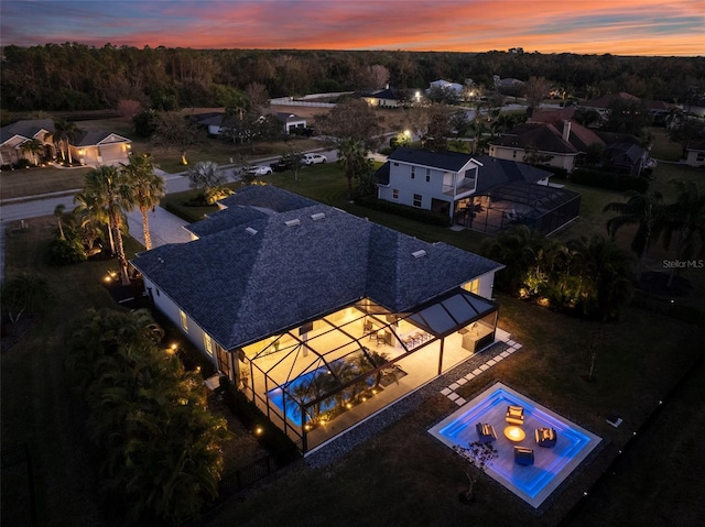 view of aerial view at dusk