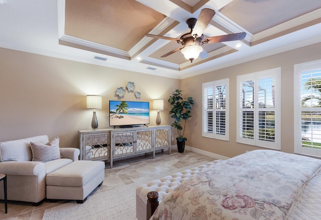 bedroom with beamed ceiling, ornamental molding, coffered ceiling, and ceiling fan