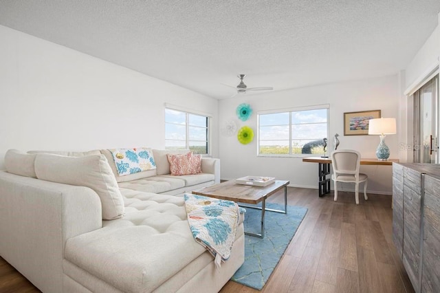 living room with wood-type flooring, ceiling fan, and a textured ceiling