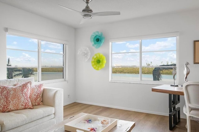 living room with ceiling fan, a water view, and light wood-type flooring