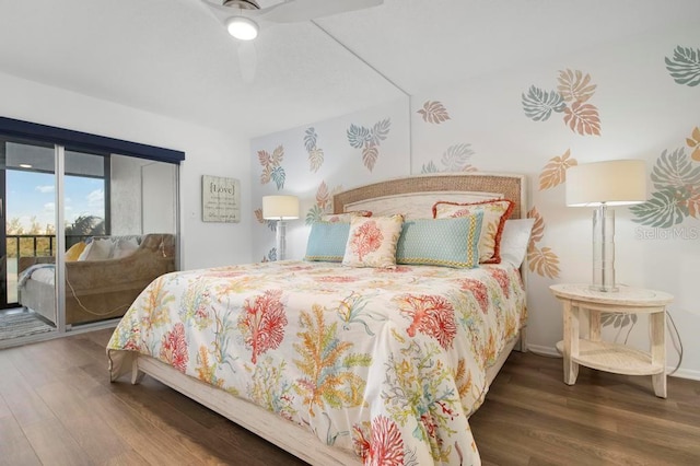 bedroom featuring dark hardwood / wood-style floors, ceiling fan, and access to exterior