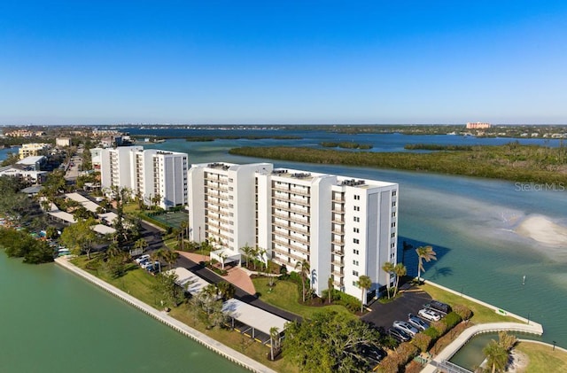 drone / aerial view featuring a water view