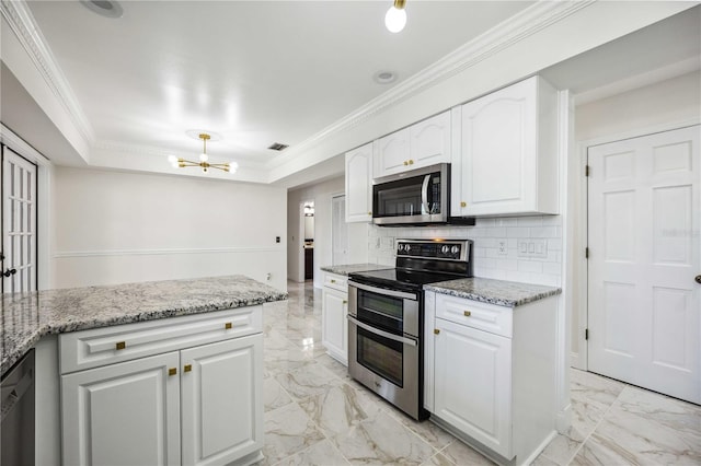 kitchen featuring backsplash, appliances with stainless steel finishes, light stone counters, and white cabinets