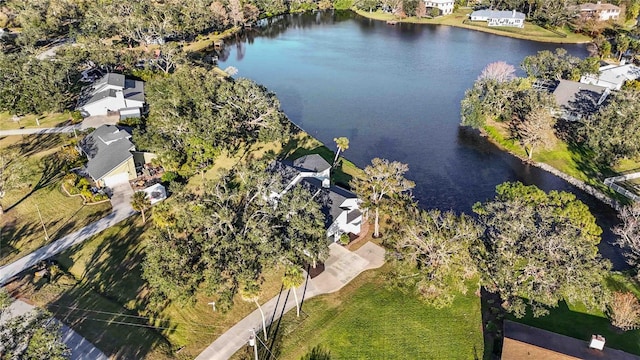 birds eye view of property featuring a water view