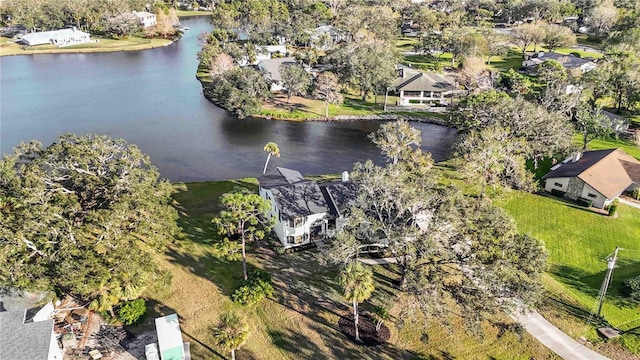 drone / aerial view featuring a water view