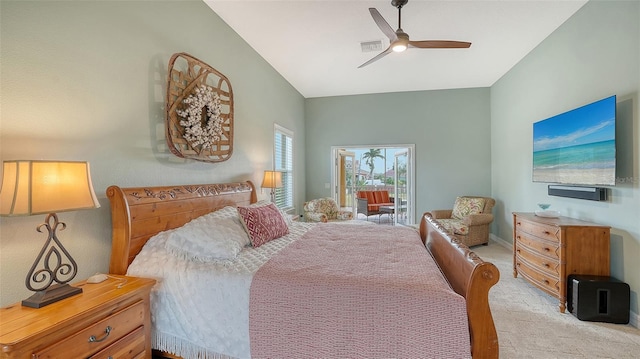 bedroom with lofted ceiling, light carpet, access to exterior, and ceiling fan