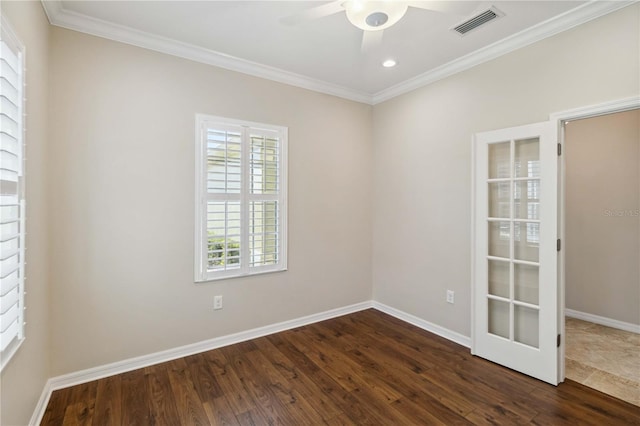 4891 Maymont Park Cir, Bradenton, FL 34203 - unfurnished room with ceiling fan, ornamental molding, and dark hardwood / wood-style flooring