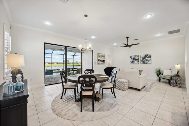 dining space with light tile patterned floors, recessed lighting, visible vents, baseboards, and ornamental molding