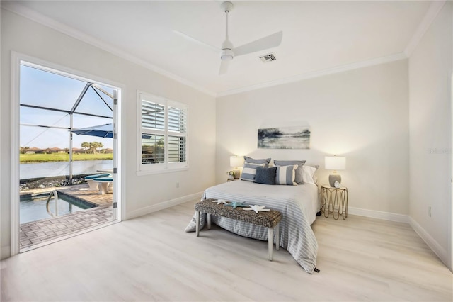 bedroom with access to exterior, visible vents, crown molding, and wood finished floors