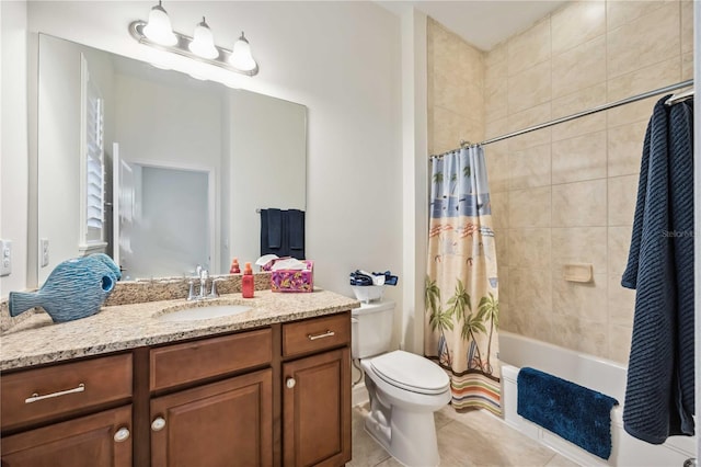 full bathroom featuring toilet, tile patterned flooring, vanity, and shower / tub combo with curtain