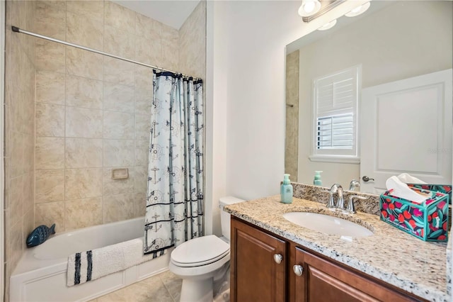 bathroom with shower / bath combo, vanity, toilet, and tile patterned floors