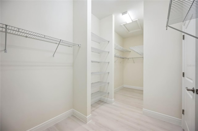 spacious closet featuring light wood-style flooring and attic access