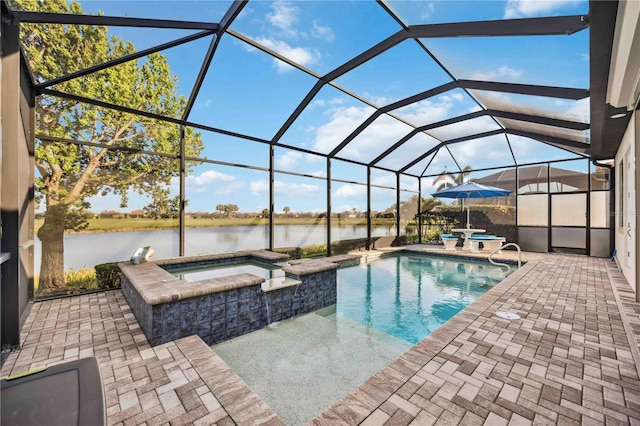 view of swimming pool featuring a patio area, a lanai, and a water view